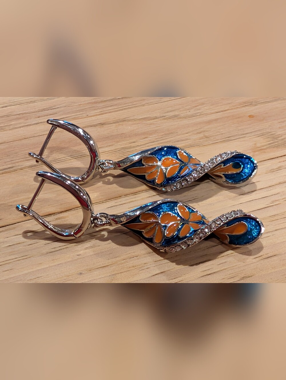 Source Unknown Blue and Orange Swirl Drop Earrings with Rhinestones